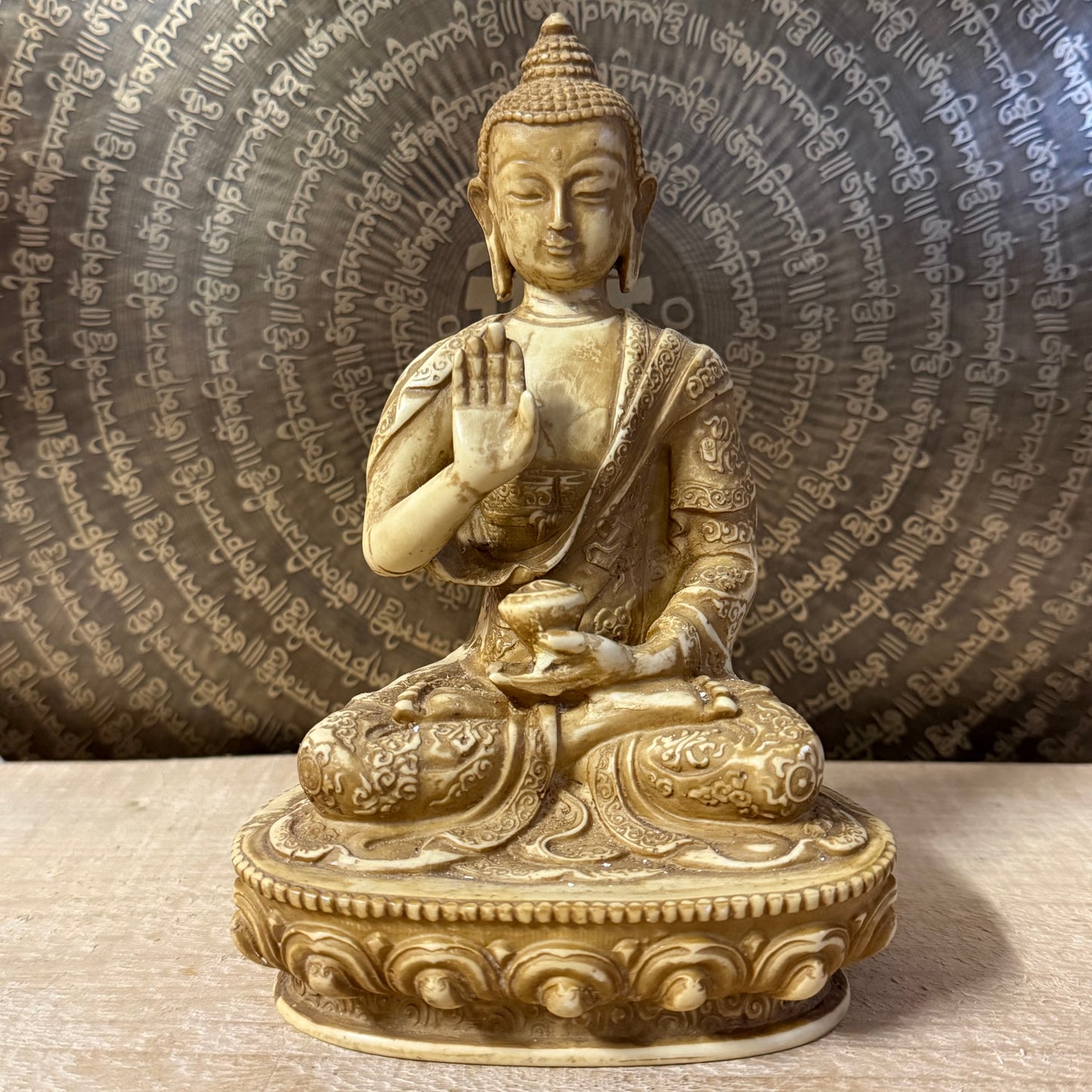 Handcrafted Amogasiddhi Buddha statue from Nepal, 19cm, symbol of protection and fearlessness
