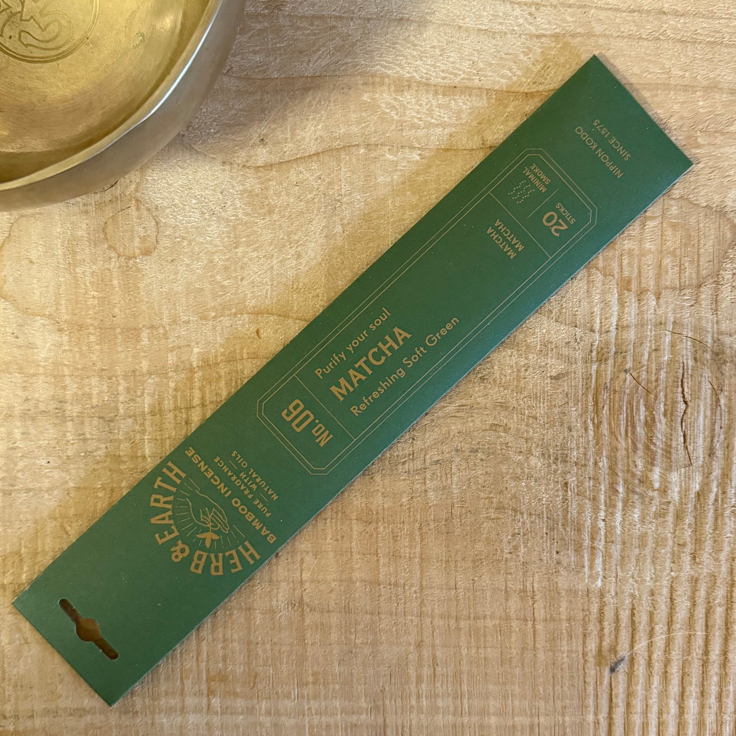 Herb & Earth Matcha Japanese incense sticks. Natural bamboo incense with plant-based fragrance for meditation, focus, and spiritual rituals.