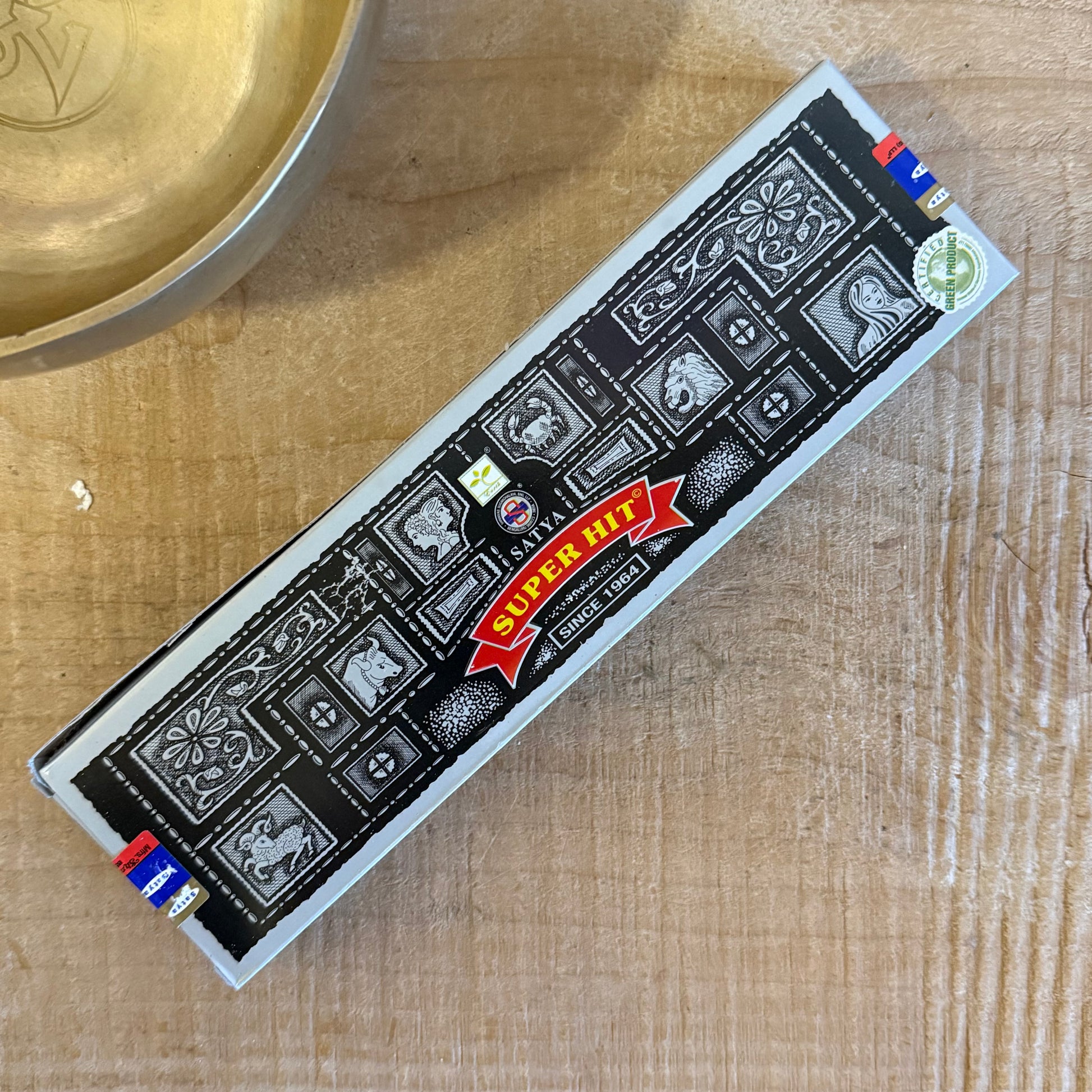 Satya Super Hit incense 100g large box from the Nag Champa Collection. Hand-rolled sandalwood incense for meditation, ritual, and cleansing.
