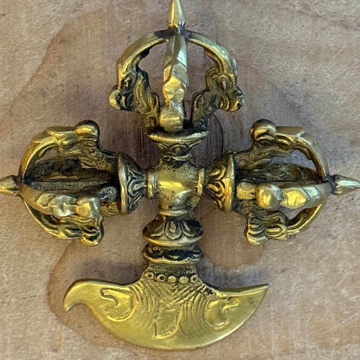 Handcrafted Kartika Vajra Dorje in solid brass from Nepal. A sacred Tibetan Buddhist ritual object symbolising protection, liberation, and Vajrayana wisdom.