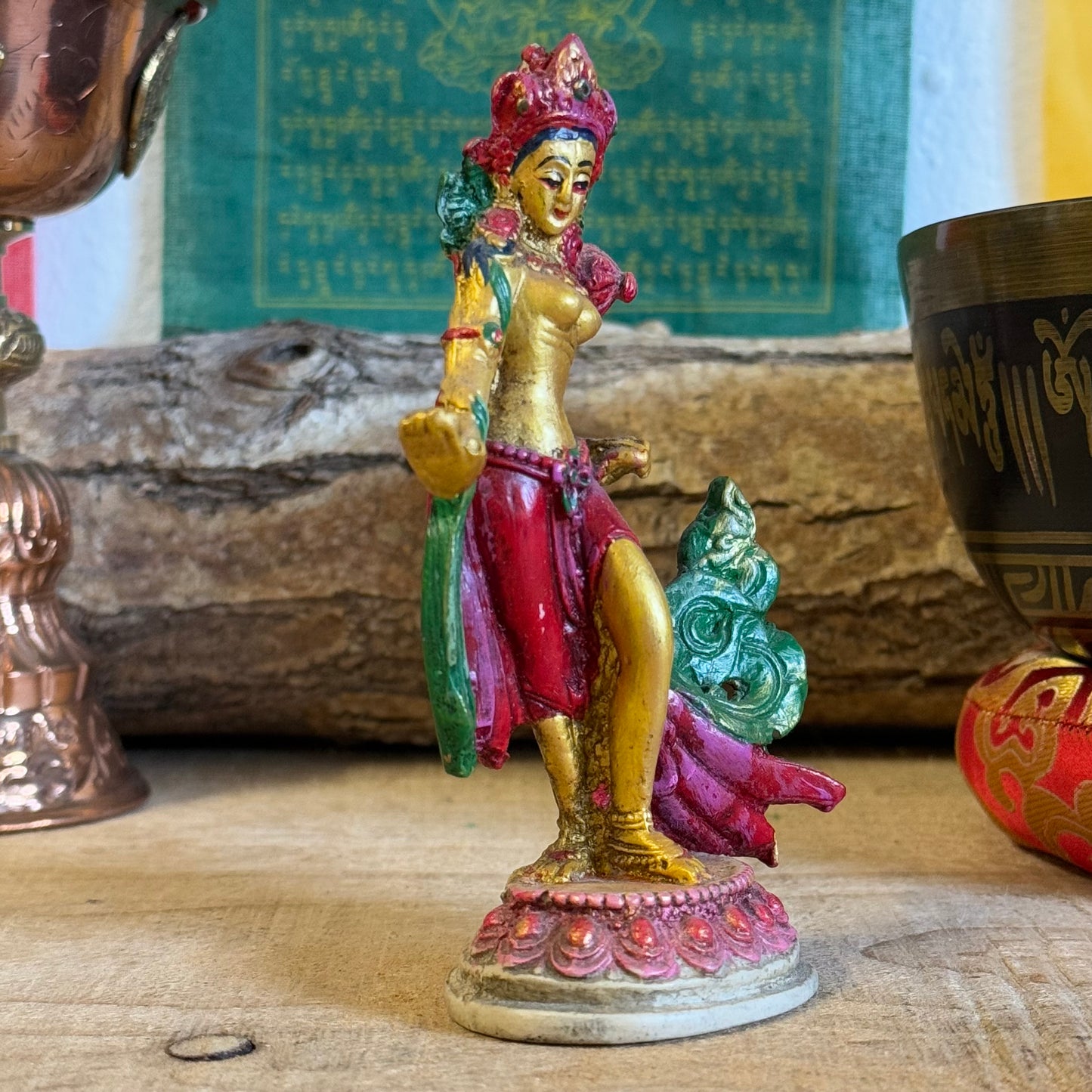 "Hand-painted Green Tara resin statue, 13 cm tall, symbolizing compassion and empowerment. Handmade & Fair Trade from Nepal. Perfect for altars or gifting!"