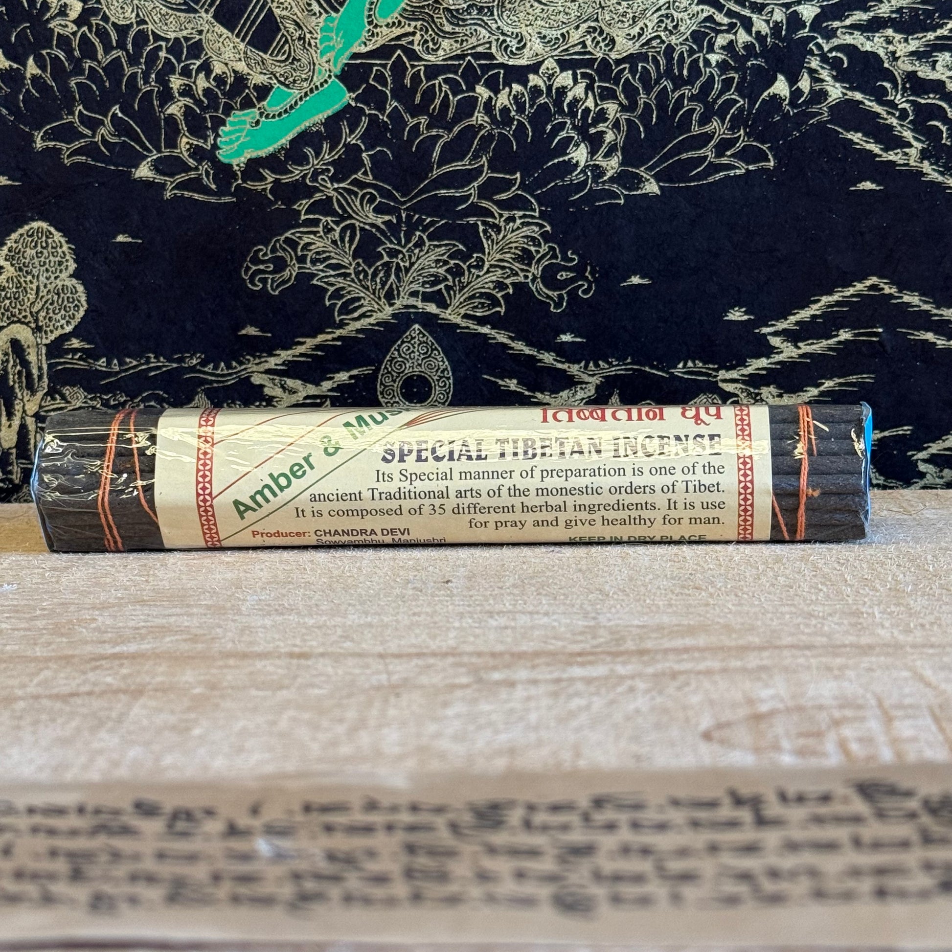 Beloved friend on the path, the Chandra Devi Amber &amp; Musk Tibetan Incense is a fragrant embodiment of the sacred balance between earth and spirit. Prepared with devotion in accordance with an ancient Tibetan monastic recipe, it combines amber, musk, and over 33 healing herbs into a deeply grounding yet subtly sweet aromatic experience.