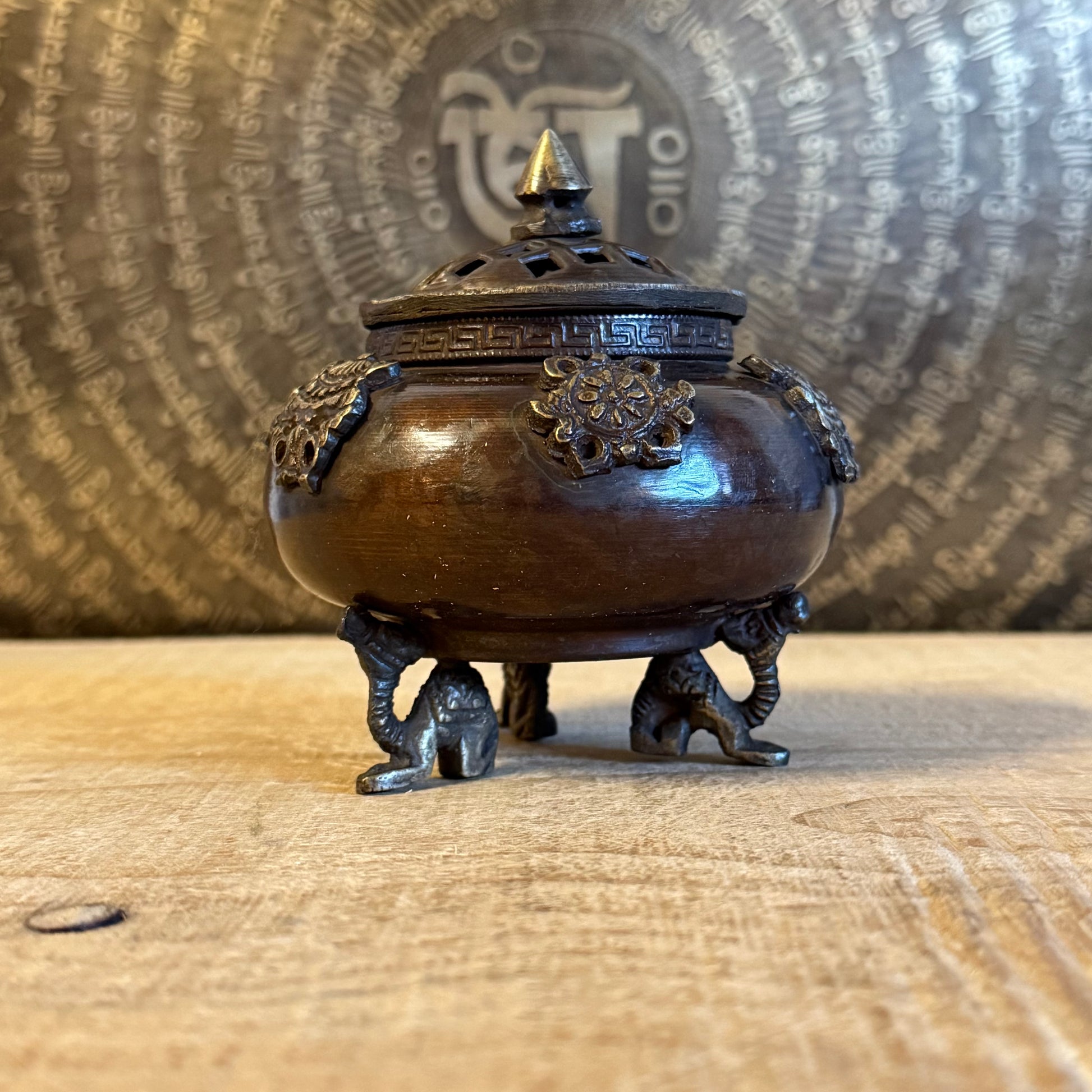 Brass Tibetan Incense Burner Six Symbols Standing Pot with Dragon Feet