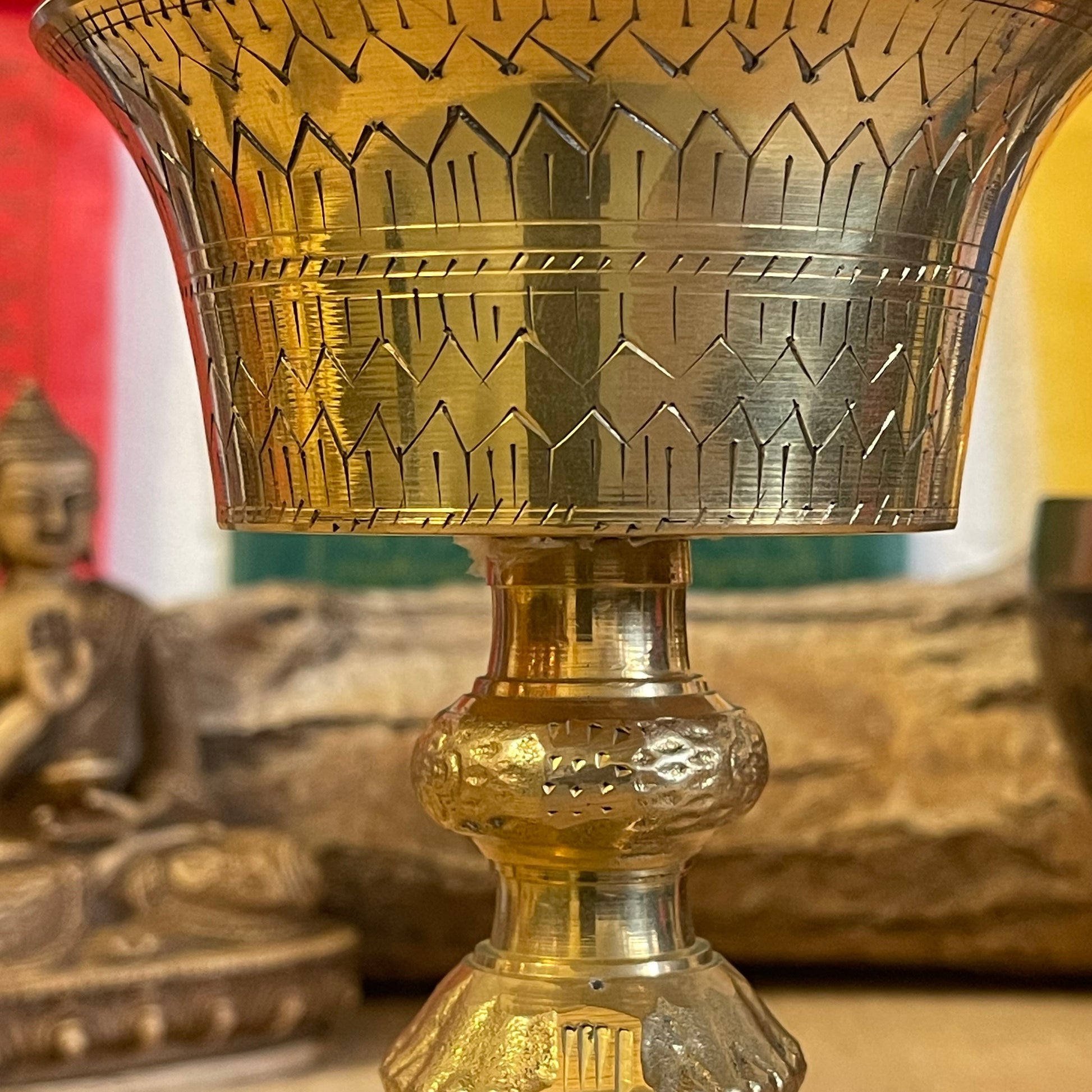 A traditional Tibetan Buddhist Butter lamp made from Brass.

Butter lamps are to be found in all Tibetan Buddhist temples and monasteries throughout the Himalayas. The lamps traditionally burn clarified yak butter, but now often use vegetable oil or vegetable ghee. Each morning Tibetan Buddhists offer butter lamps to represent the illumination of wisdom.