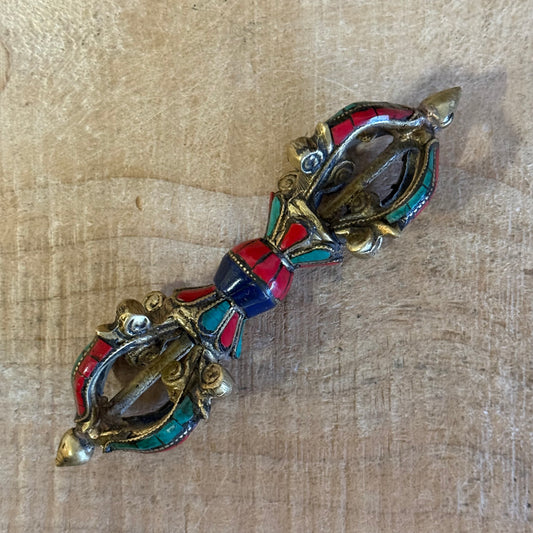 Handmade Flower Dorje ritual vajra in solid brass with turquoise inlay. Sacred Tibetan Buddhist altar object for meditation and ritual practice.