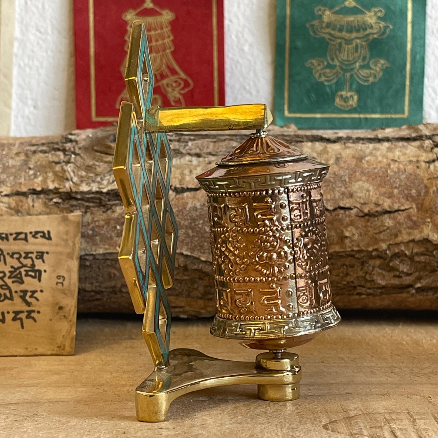 Endless knot prayer wheel with Om mantra (desk top) 12.5 cm