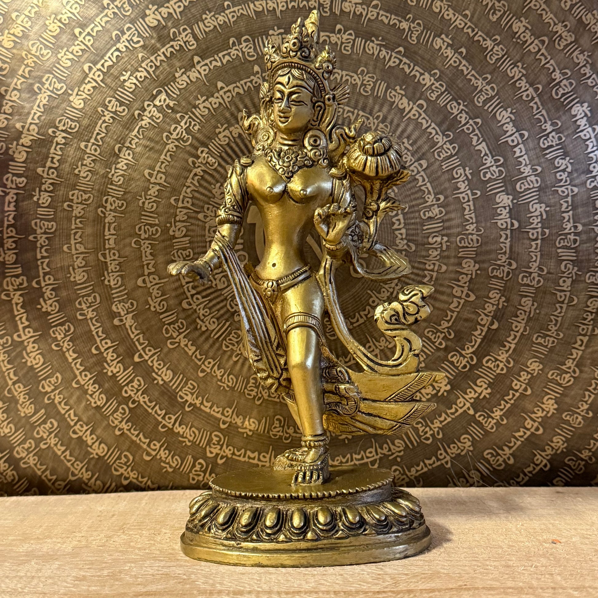 Traditional 23cm Green Tara brass statue for meditation, protection, and Buddhist practice. Handcrafted figure symbolising compassion and obstacle removal.