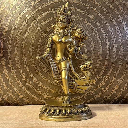 Traditional 23cm Green Tara brass statue for meditation, protection, and Buddhist practice. Handcrafted figure symbolising compassion and obstacle removal.