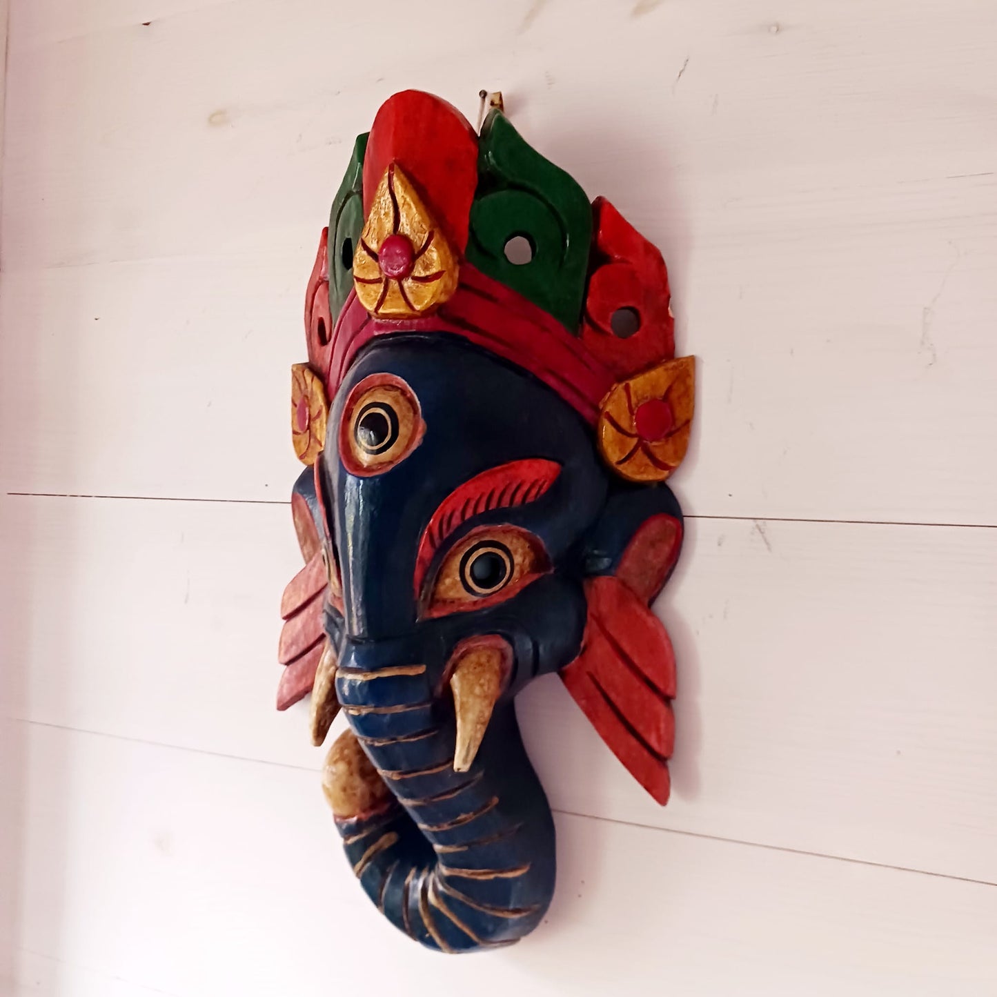 Hand Carved Ganesh Wooden Mask | Wall Hanging | Blue
