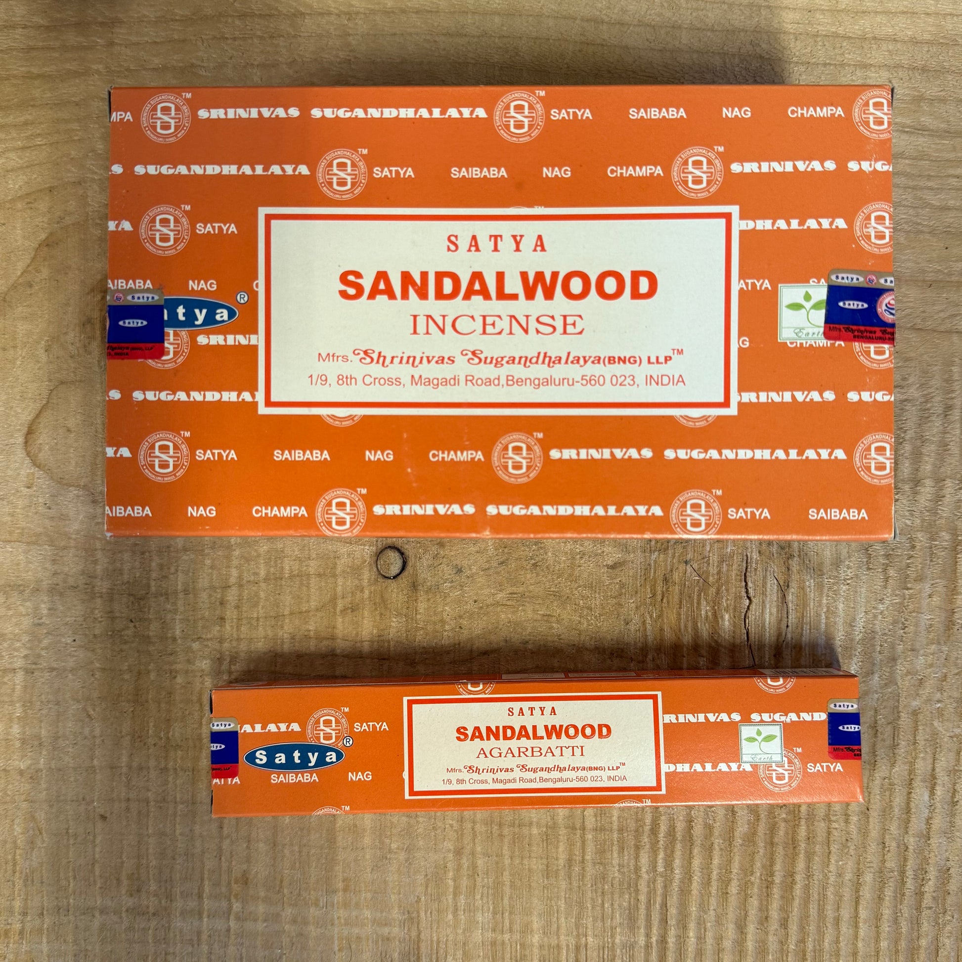 Satya Sandalwood Egyptian Musk incense sticks and 15g pack.