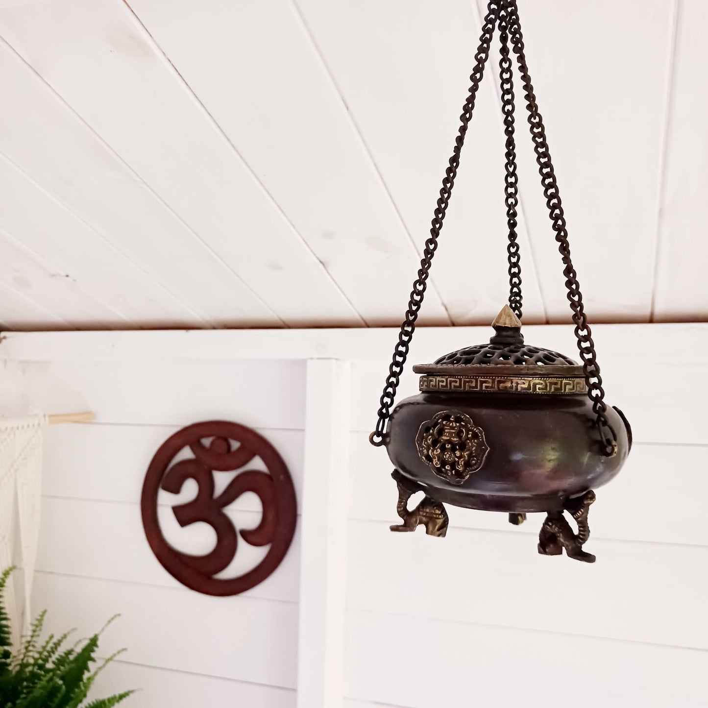 Brass Tibetan Burner | Four Symbol Hanging Pot