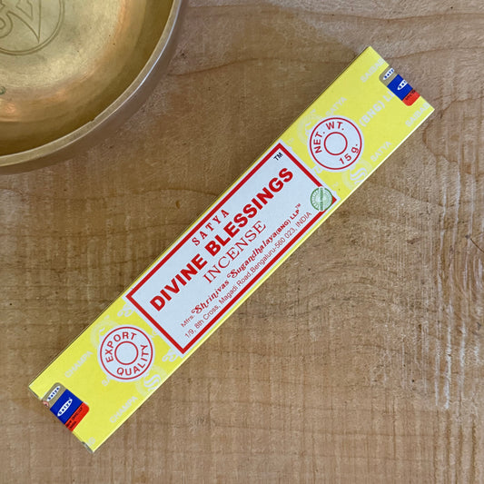 Satya Divine Blessings incense sticks, sandalwood floral blend, hand rolled Indian temple incense