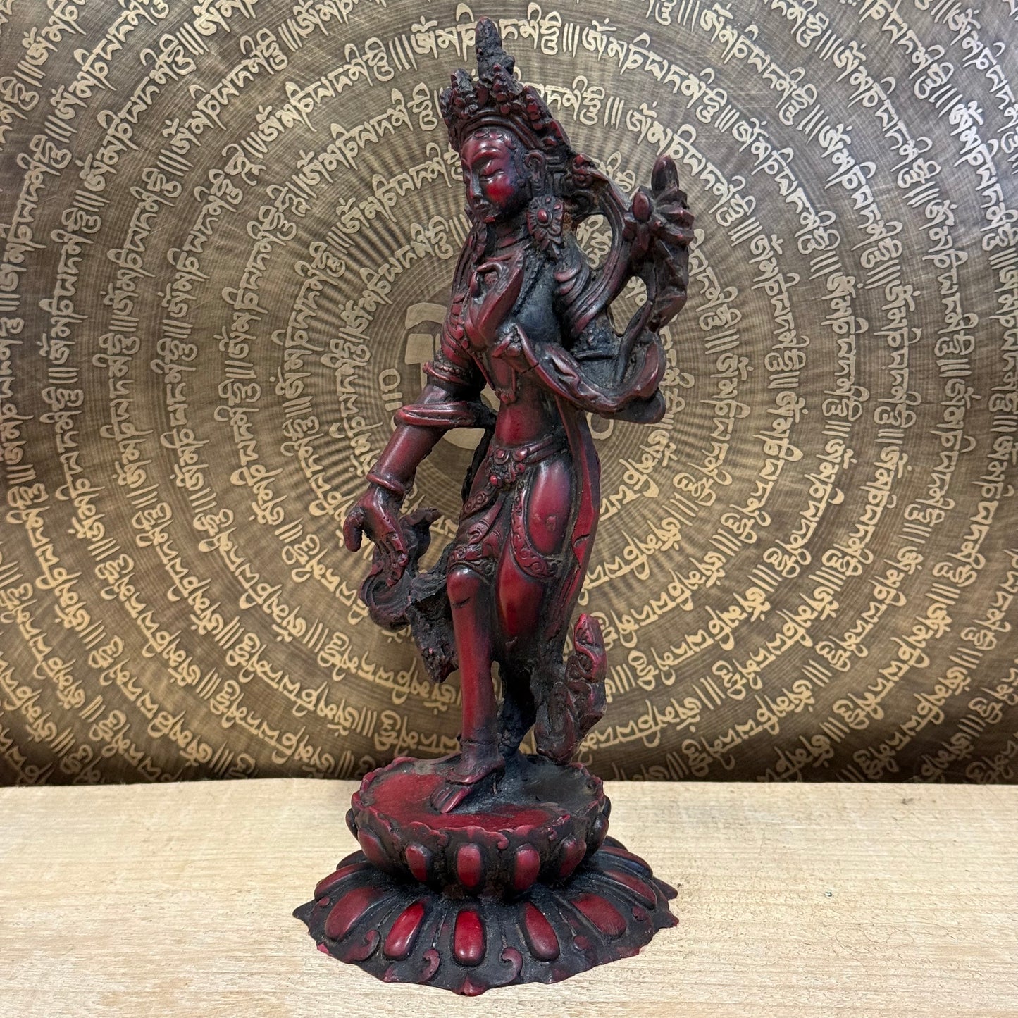 Standing Green Tara Buddha Resin Statue, 21cm, handcrafted in Nepal, Bodhisattva of compassion and wisdom.