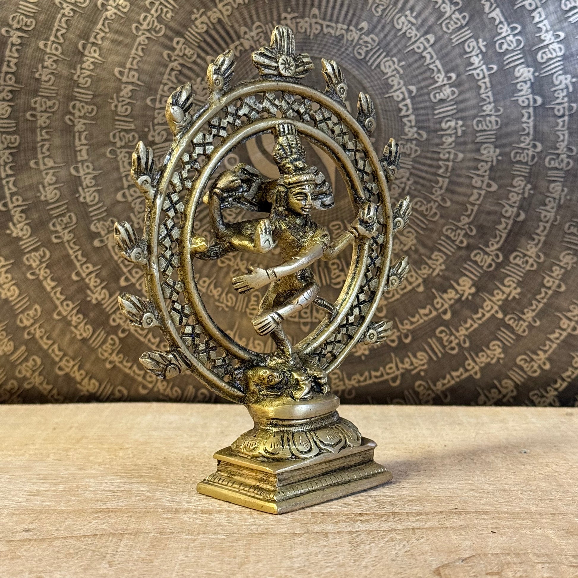 Shiva Nataraj brass statue, 15cm tall, cosmic dancer of creation and renewal.