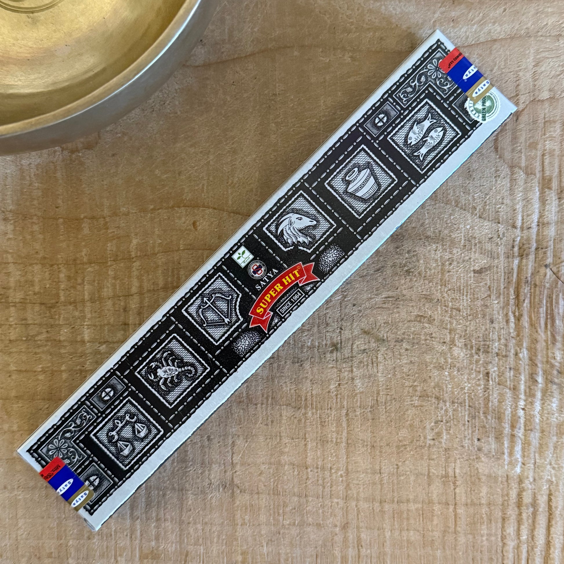 Satya Super Hit incense sticks 15g. Authentic hand-rolled Indian masala incense with a calming, balanced aroma for meditation and ritual use.
