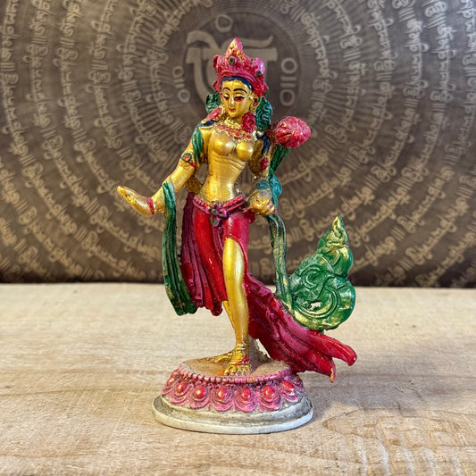 Hand-painted 13cm Green Tara statue in standing pose with varada mudra