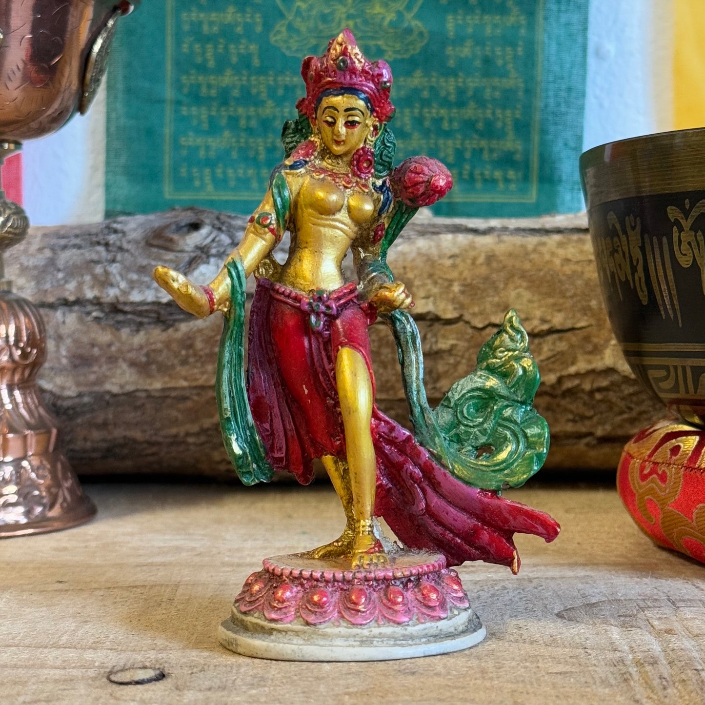 "Hand-painted Green Tara resin statue, 13 cm tall, symbolizing compassion and empowerment. Handmade & Fair Trade from Nepal. Perfect for altars or gifting!"