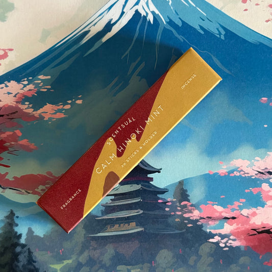 Scentsual Calm Hinoki Mint Incense blends Japanese cypress and mint for a fresh, clean, uplifting aroma with a smooth, low-smoke burn.