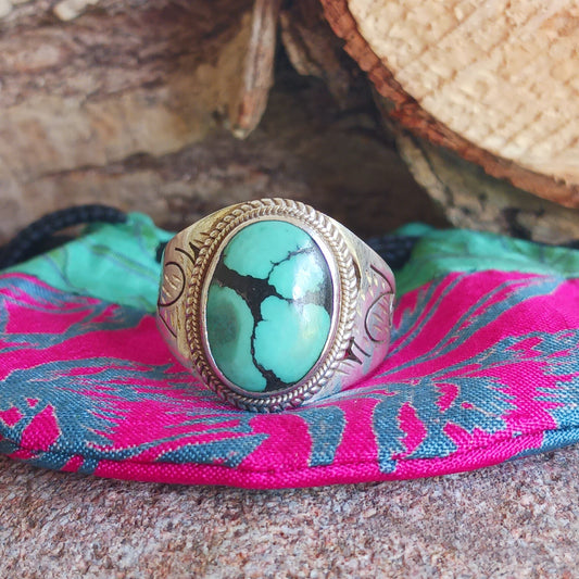 Solid Silver Tibetan Turquoise Ring | Size (  )