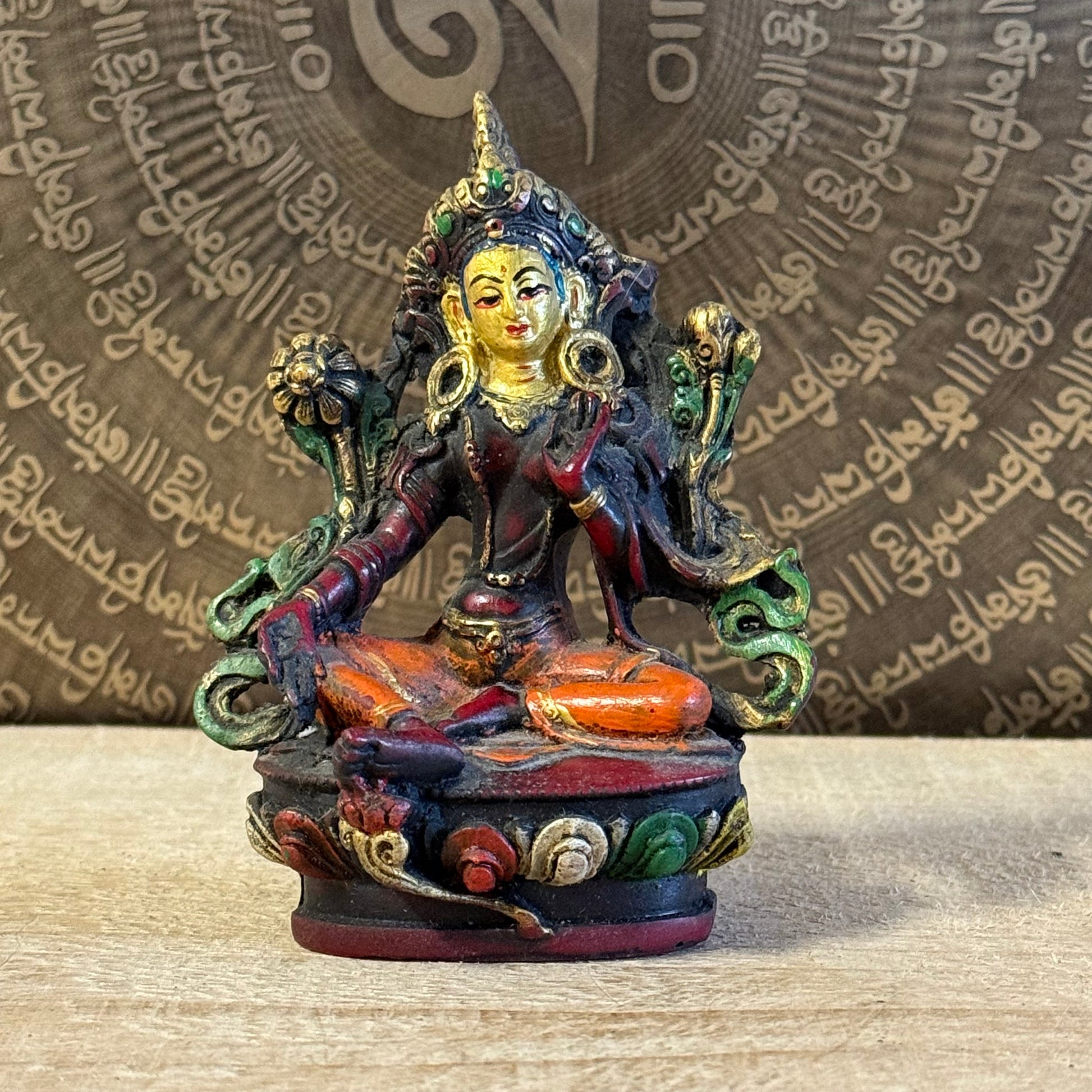 Hand-painted 10cm Green Tara resin statue with blessing and protection mudras