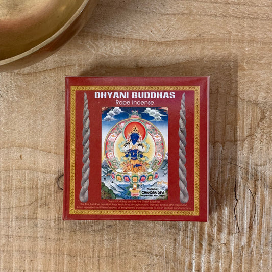 This is a Five Dhyani Buddha Newari Rope incense gift pack that comprises of 5 bundles of different incenses. This Dhyani Buddhas Rope Incense contains 10 incense rope each with 5 different flavors with total of 50 rope incense.