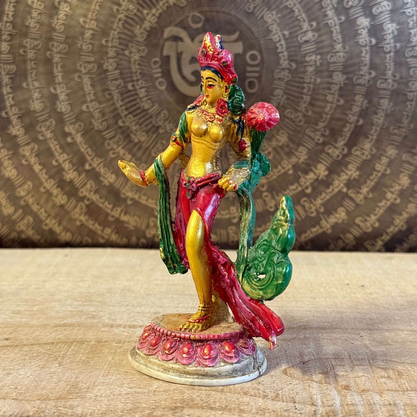 Hand-painted 13cm Green Tara statue in standing pose with varada mudra