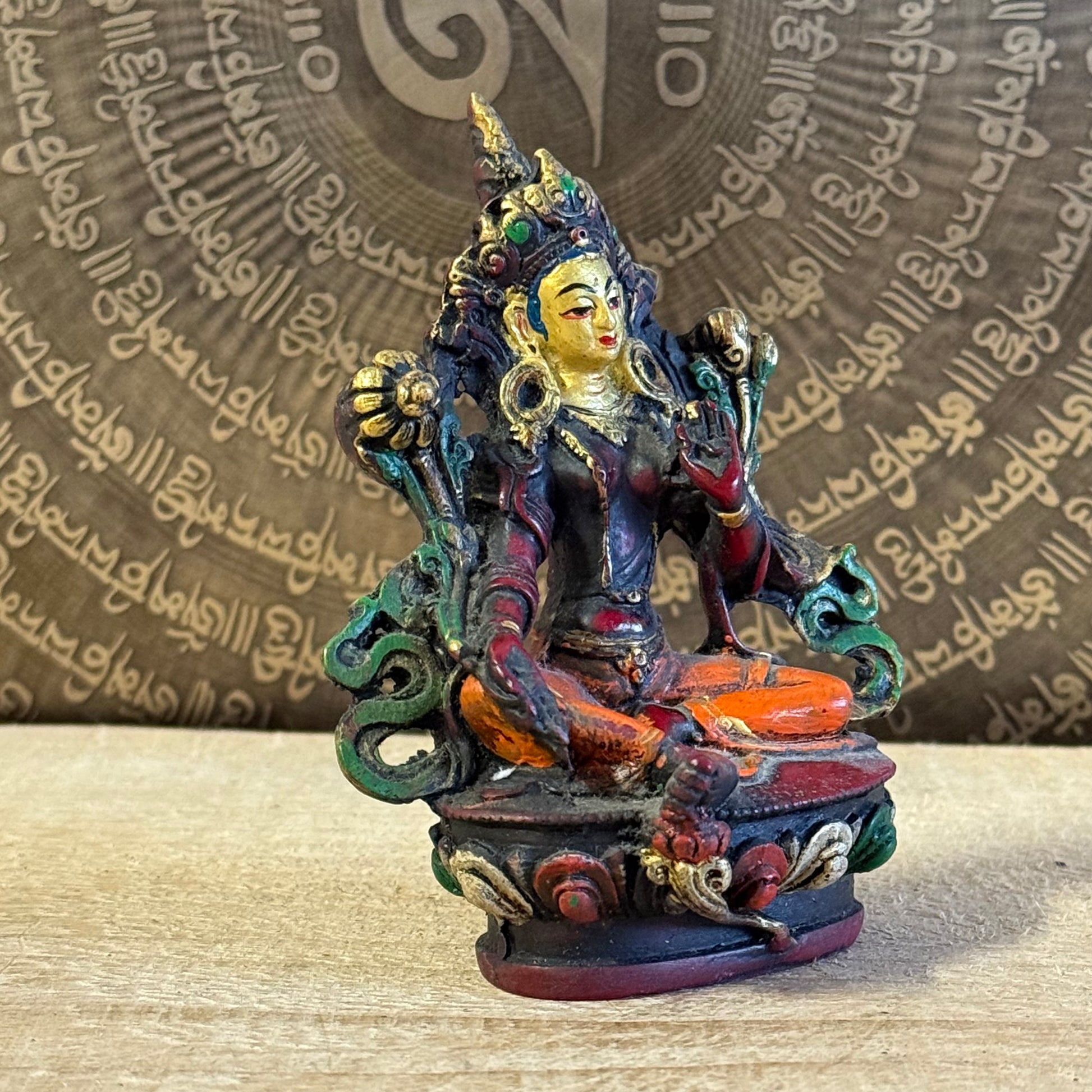 Hand-painted 10cm Green Tara resin statue with blessing and protection mudras