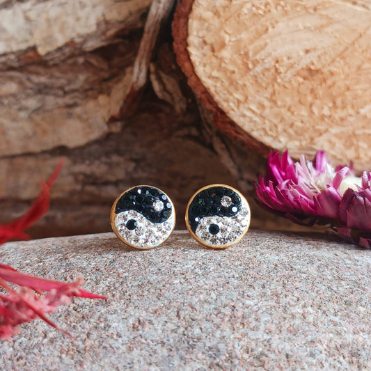 Yin-Yang - 925 Sterling Silver Crystal Ear Studs Gold Plated 7 x 7 mm