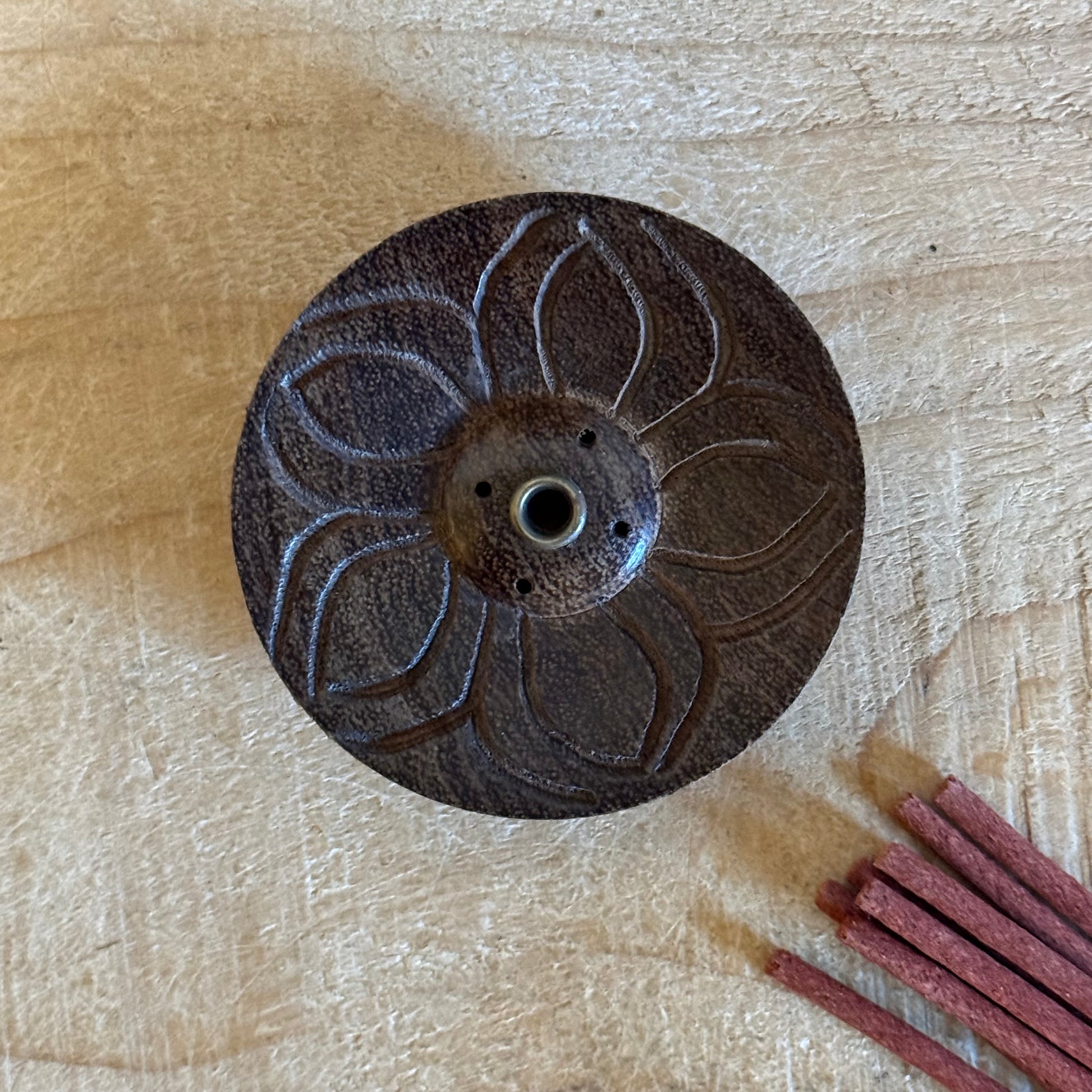 Lotus Flower Incense Holder – Hand-Carved Dark Wood from Nepal