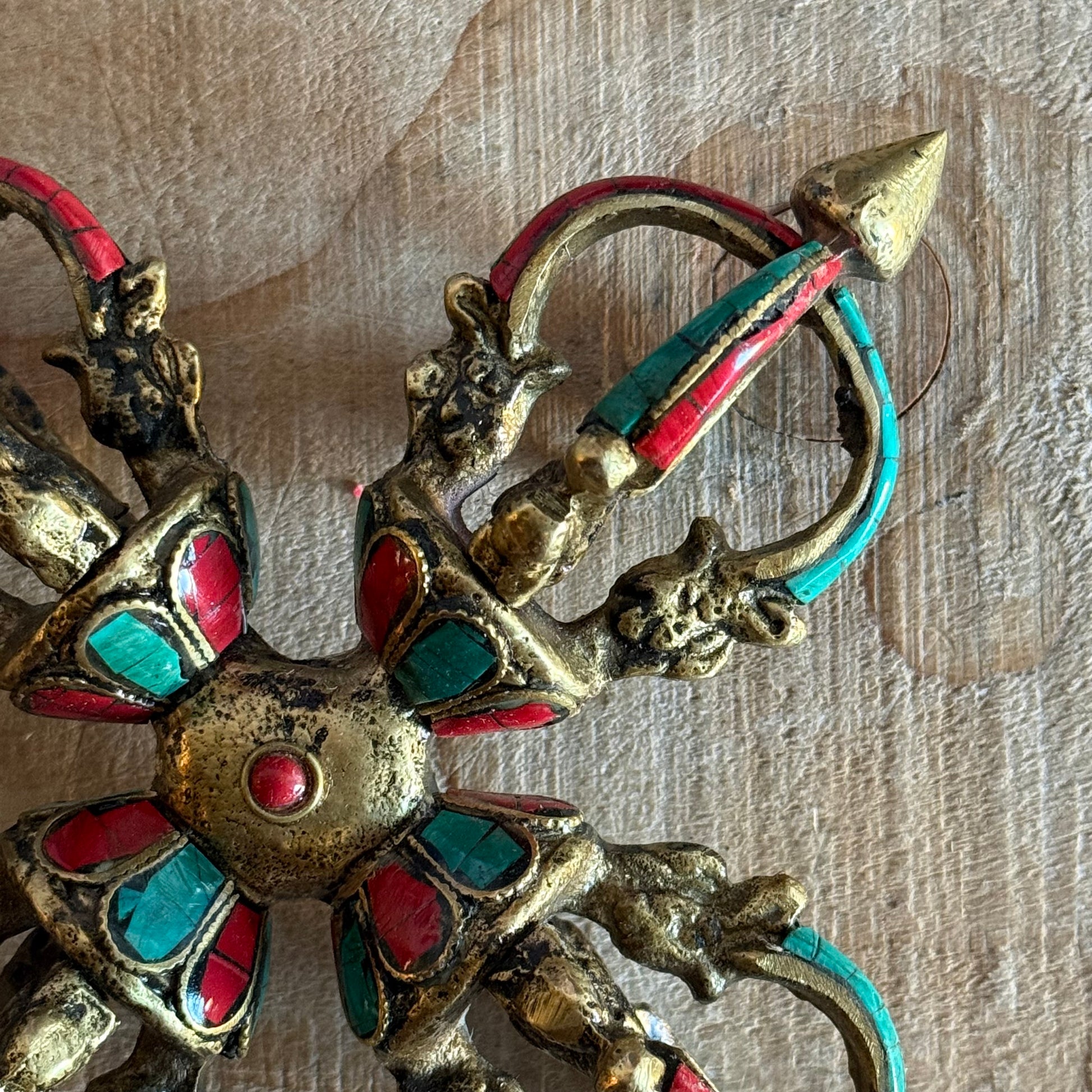 Handmade Flower Double Dorje vajra in solid brass with turquoise inlay. A powerful Tibetan Buddhist ritual object for altar and meditation use.