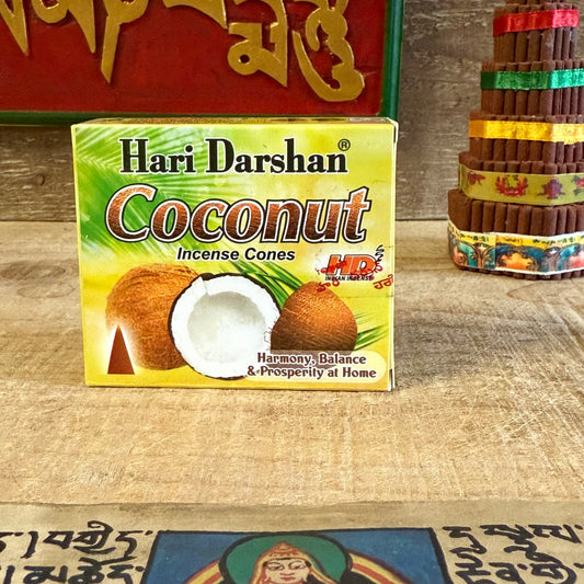 Immerse yourself in the warm, tropical fragrance of Hari Darshan Coconut Incense Cones, handcrafted in Bangalore, India, by one of the most trusted names in traditional incense making. These soothing cones release the creamy, sweet aroma of coconut, evoking the essence of island calm and natural serenity.

Perfect for relaxation, meditation, or creating a peaceful atmosphere, this incense helps clear the mind while surrounding you with a gentle, grounding warmth. The soft coconut fragrance promotes emotiona