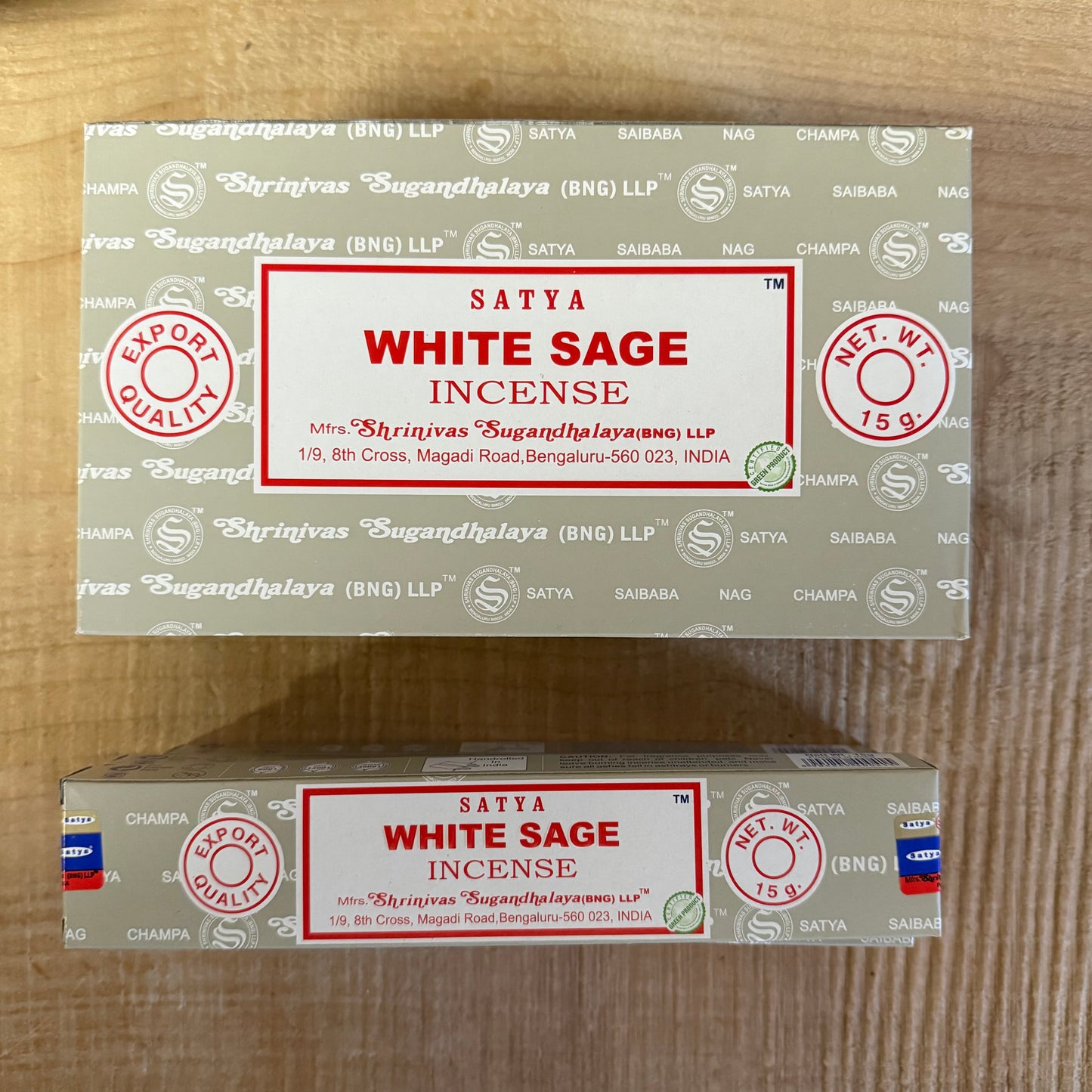 Satya White Sage Incense with a sandalwood base and crisp herbal aroma. Hand-rolled in India, ideal for cleansing, meditation, and daily rituals.