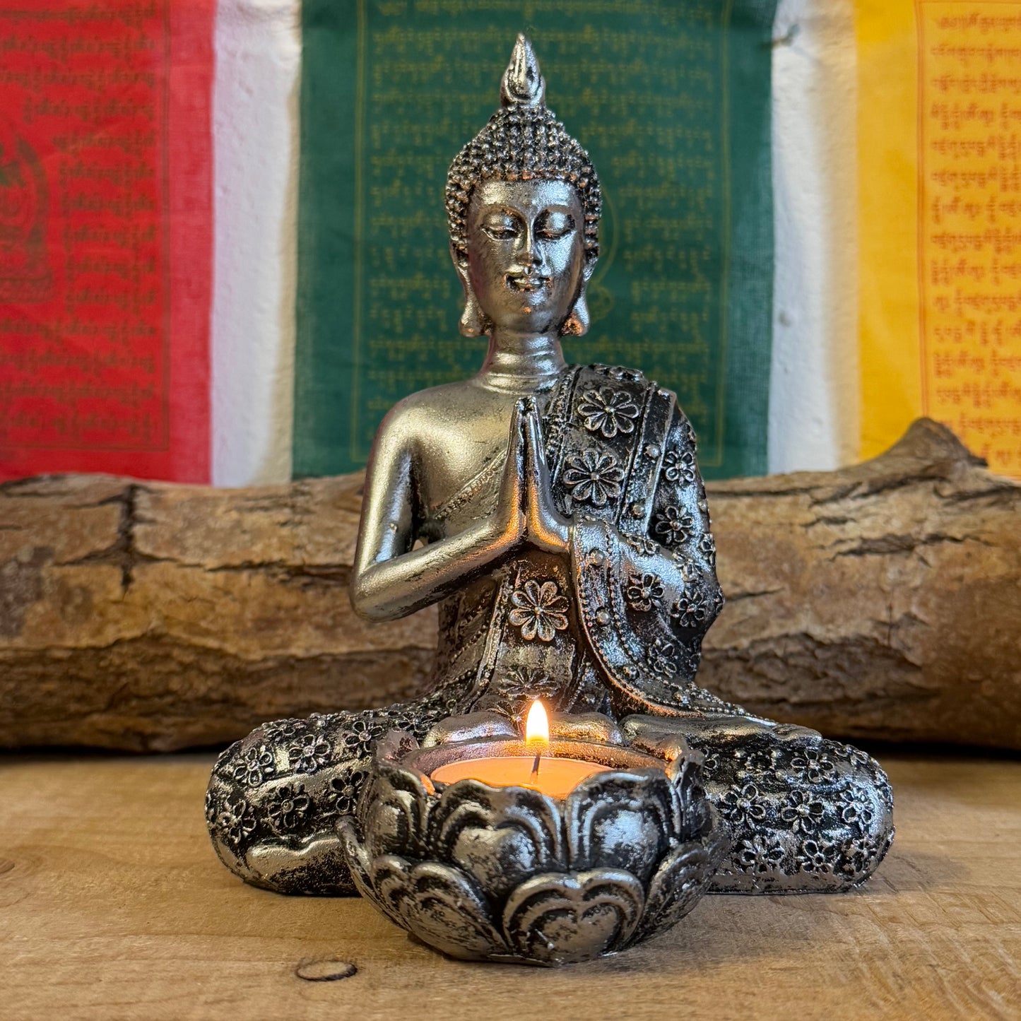 Shop our 20cm Thai-style Buddha statue with a vintage look, featuring the prayer mudra for balance and tranquility. Made from durable poly resin, perfect for meditation or decor.