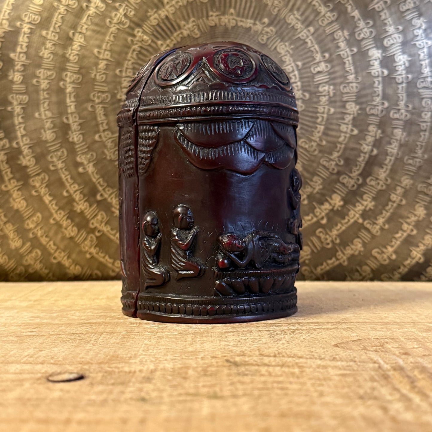 Handmade Buddhist folding altar Buddha Life Box. A Tibetan-style portable shrine depicting the life of the Buddha for meditation and ritual use.