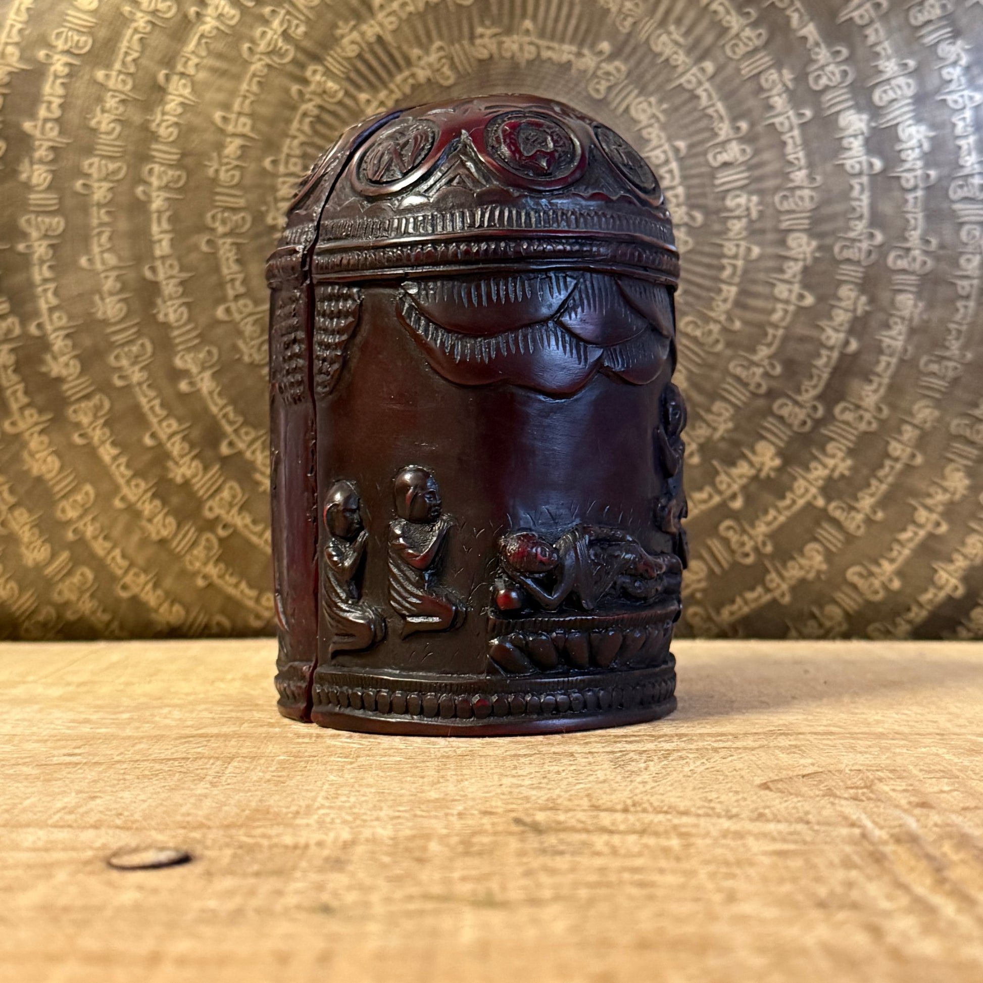 Handmade Buddhist folding altar Buddha Life Box. A Tibetan-style portable shrine depicting the life of the Buddha for meditation and ritual use.