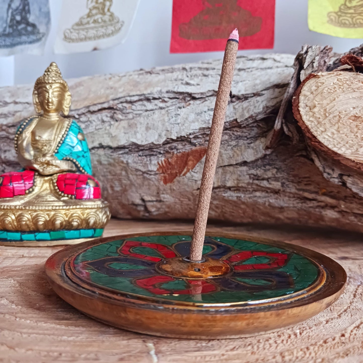 Tibetan Dorje Wood Incense Holder | Stone Inlay