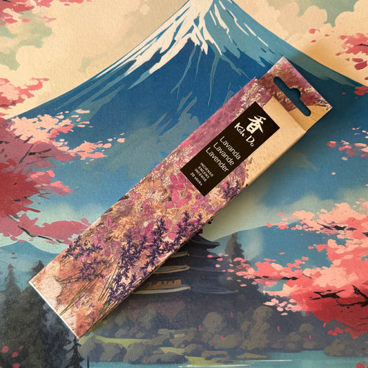 Koh-Do Lavender Japanese Incense by Nippon Kodo, 20 purple incense sticks with floral packaging.