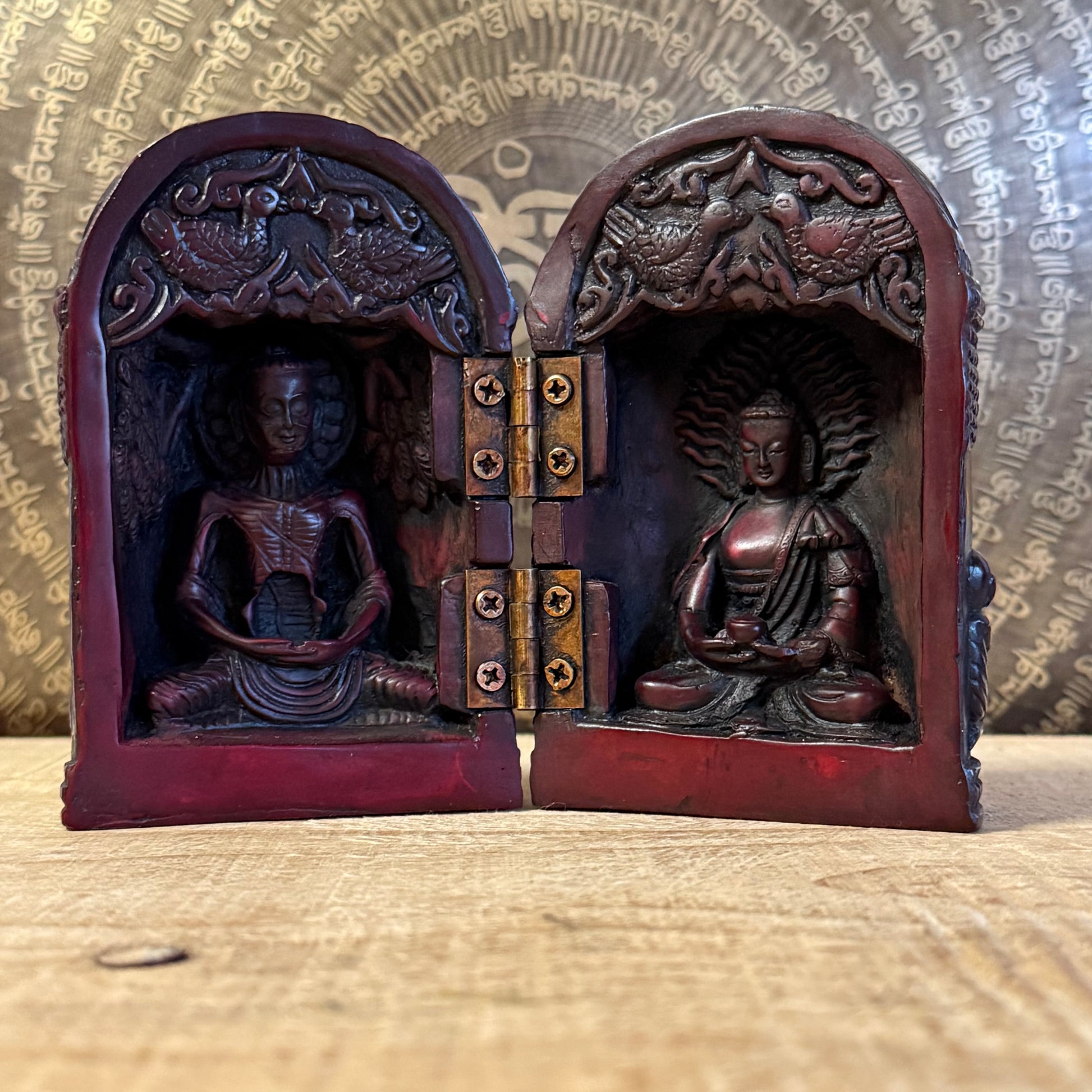 Handmade Buddhist folding altar Buddha Life Box. A Tibetan-style portable shrine depicting the life of the Buddha for meditation and ritual use.