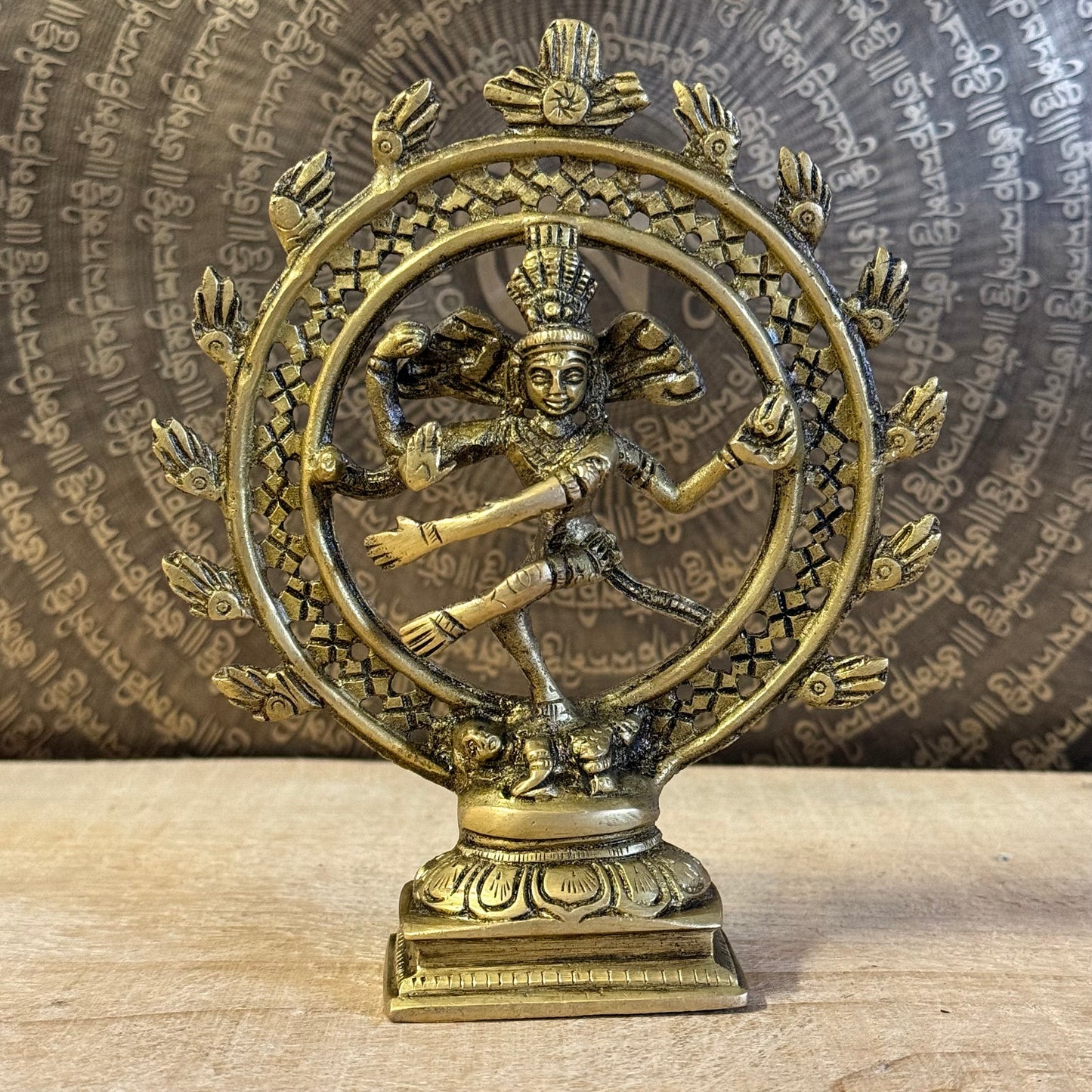 Shiva Nataraj brass statue, 15cm tall, cosmic dancer of creation and renewal.