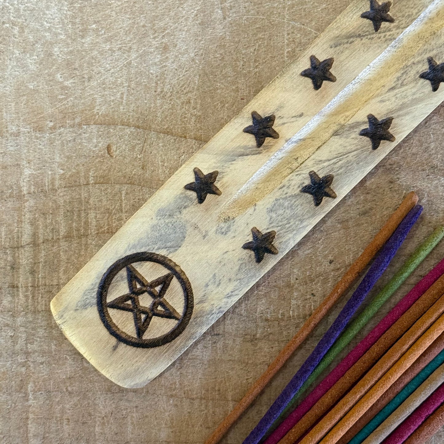 Natural mango wood incense stick holder with hand carved Pentacle design 26cm