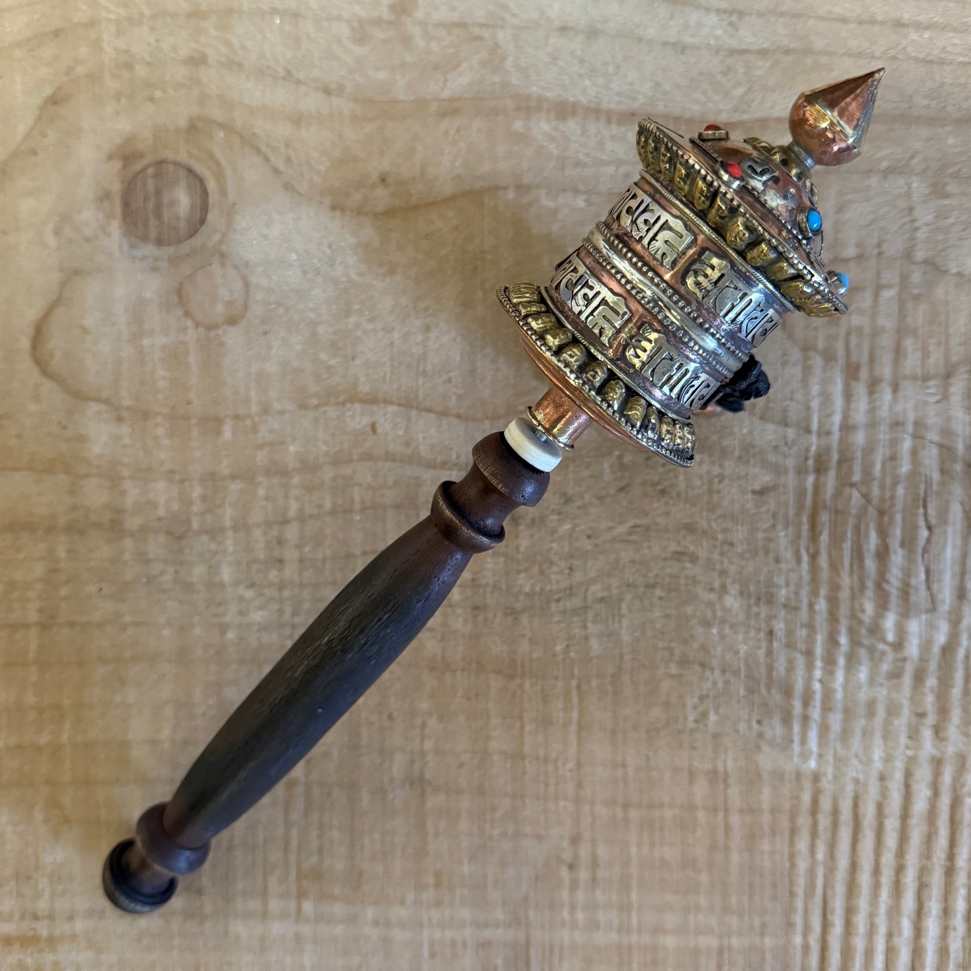 Medium Tibetan Prayer Wheel with Om Mani Padme Hum mantra scroll, hand-held Mani wheel from Nepal