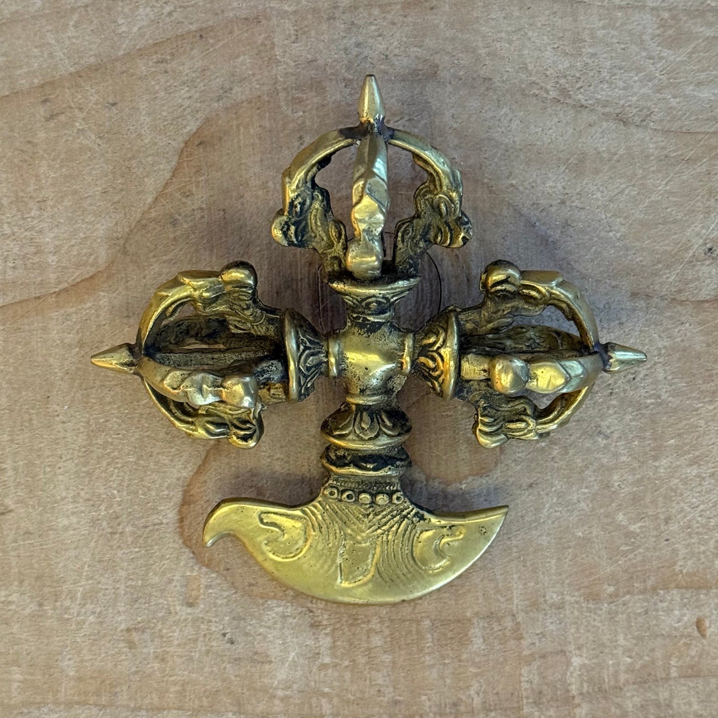 Handcrafted Kartika Vajra Dorje in solid brass from Nepal. A sacred Tibetan Buddhist ritual object symbolising protection, liberation, and Vajrayana wisdom.