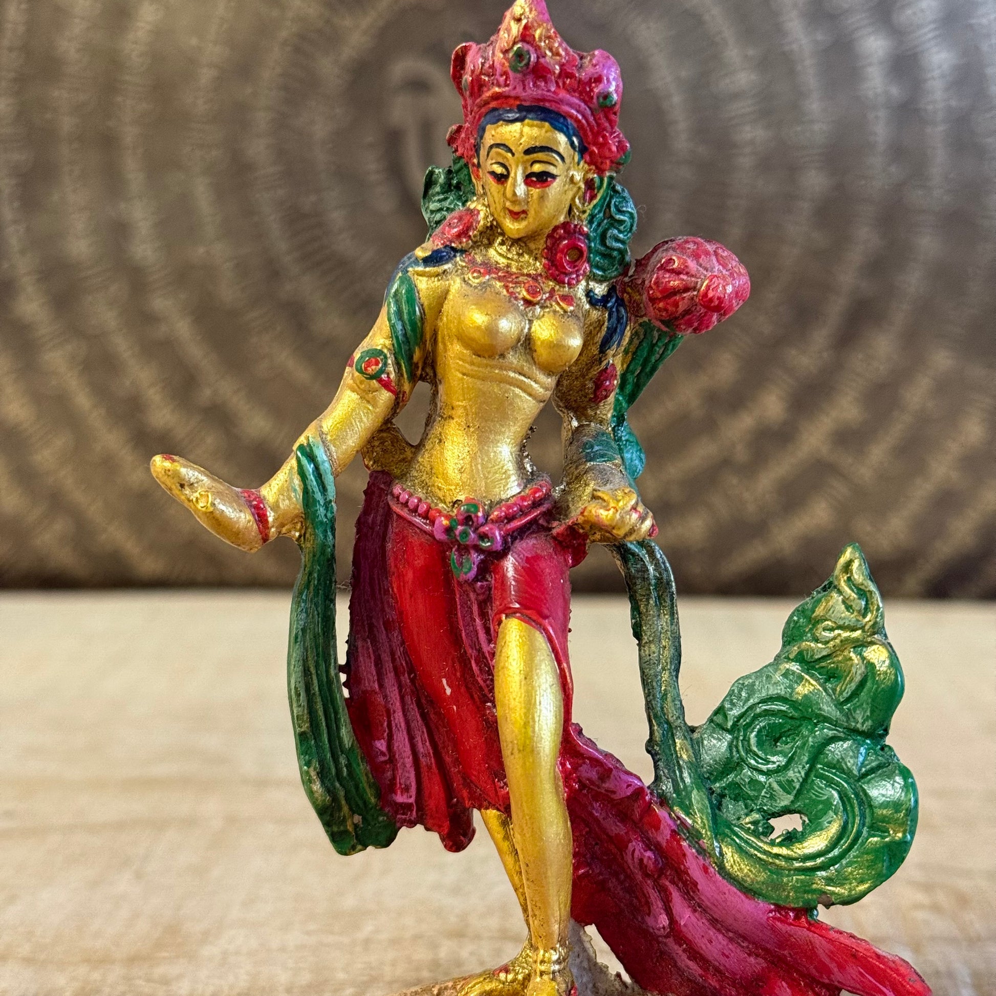 Hand-painted 13cm Green Tara statue in standing pose with varada mudra