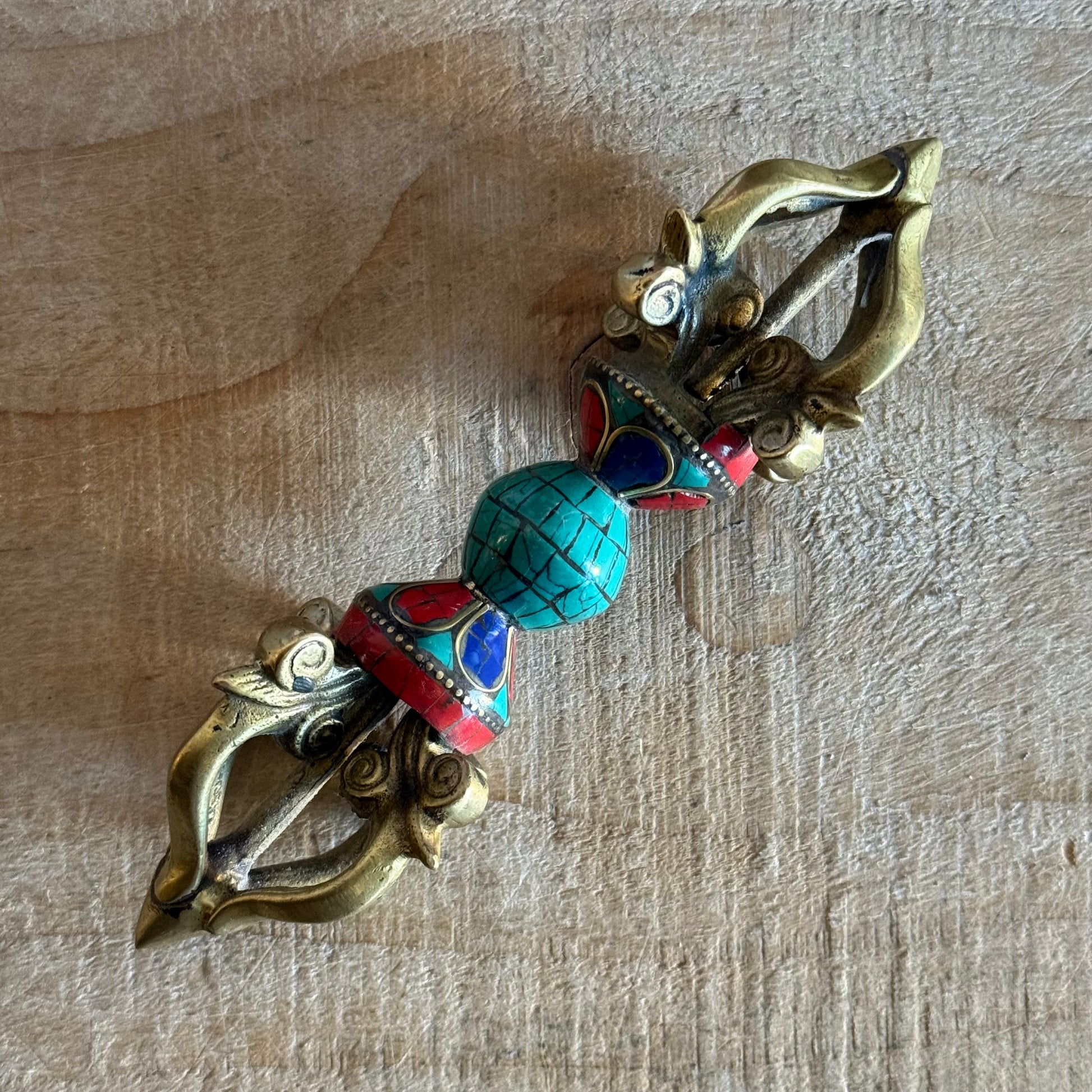 Handmade Flower Dorje vajra in solid brass with turquoise inlay. A sacred Tibetan Buddhist ritual object for altars, shrines, and Vajrayana practice.