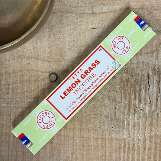 Satya Lemongrass Incense 15g box by Shrinivas Sugandhalaya, hand-rolled citrus incense sticks.