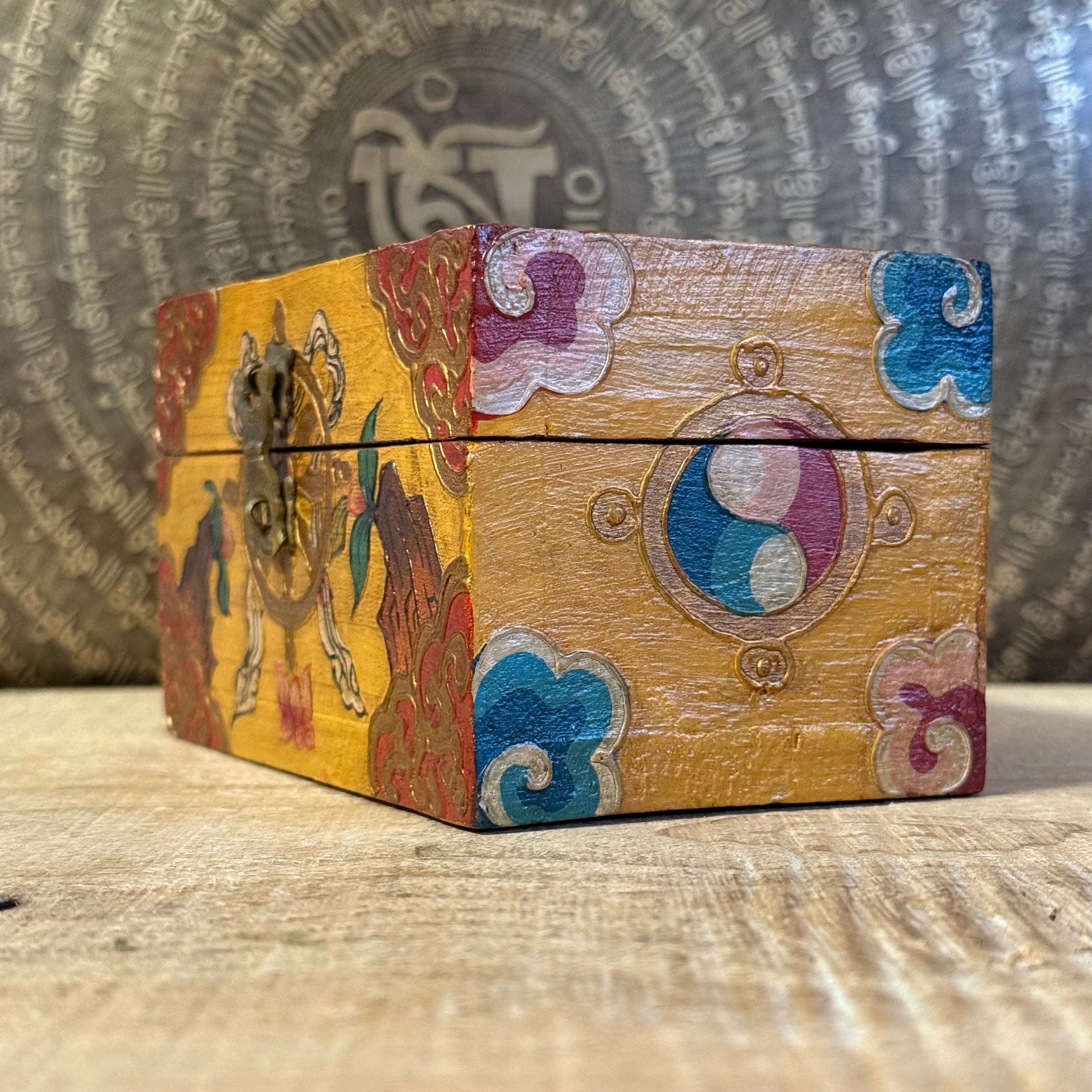 Wooden Tibetan Storage Box 15cm – Handcrafted Buddhist Symbol Box