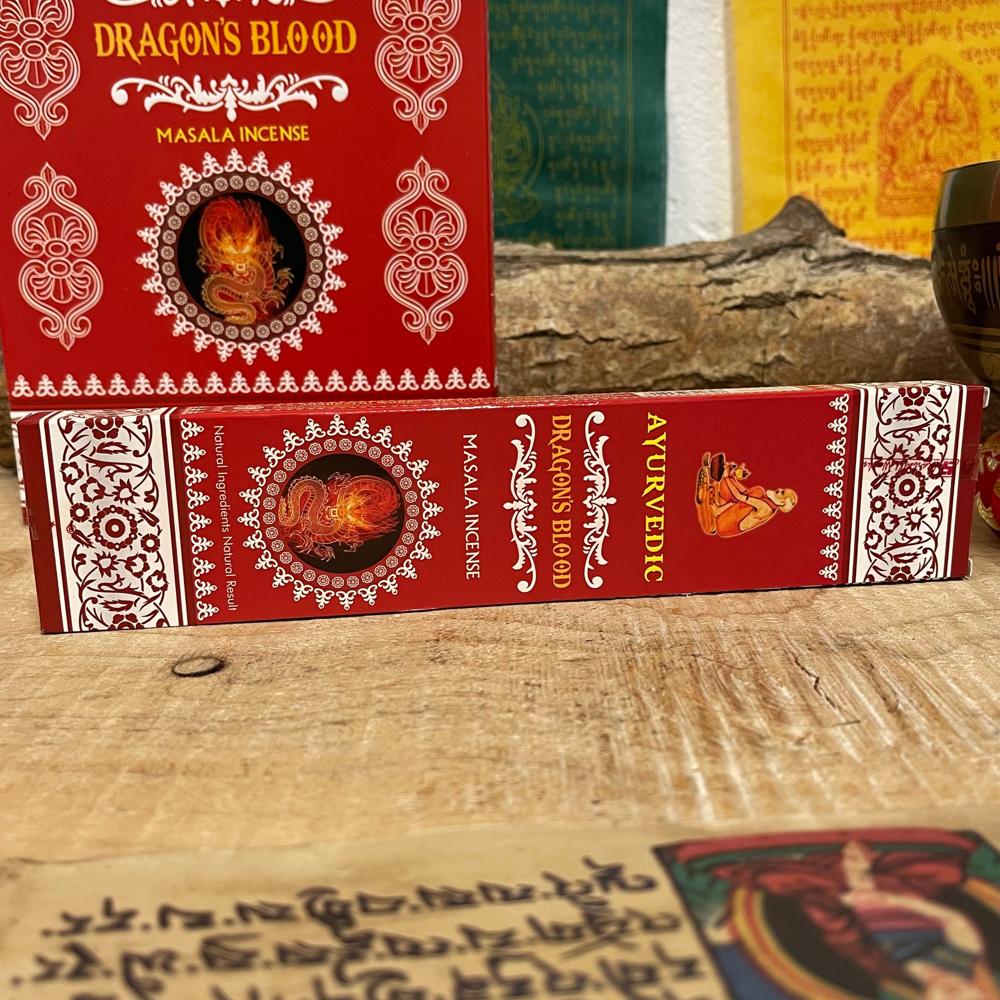 Ayurvedic Dragons Blood masala incense sticks are made from essential oils plus all-natural ingredients for a pure aroma every time. Each variety is a fine blend of premium resins, oils, herbs, petals and honey. Beautiful scents for meditation, yoga and spiritual cleansing include fragrant aids to promote harmonious mood and enhance wellbeing.