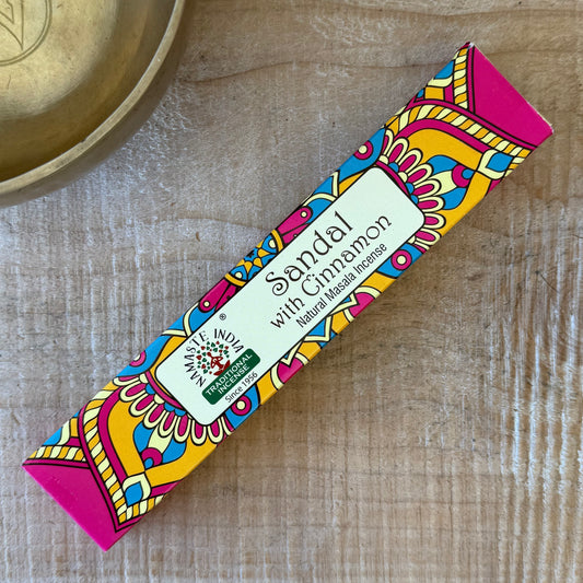 Namaste Mandala sandalwood and cinnamon incense. Warm masala incense for meditation, relaxation, mindfulness, and creating a calm atmosphere.