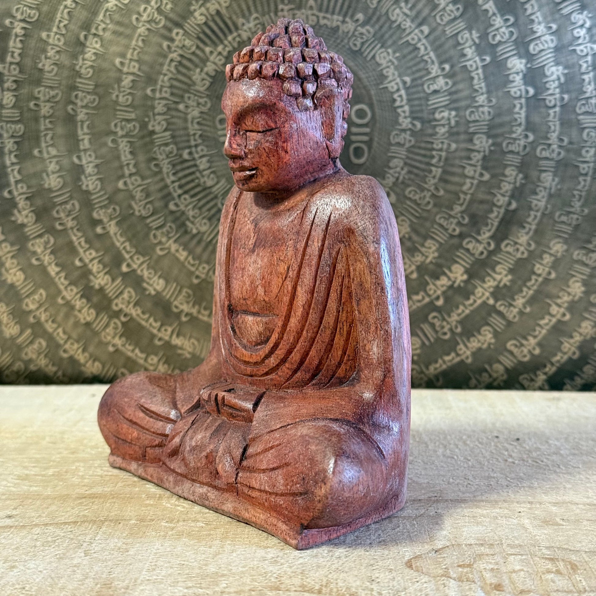 Hand carved 15cm wooden Buddha statue in Dhyan Mudra made from Raintree wood
