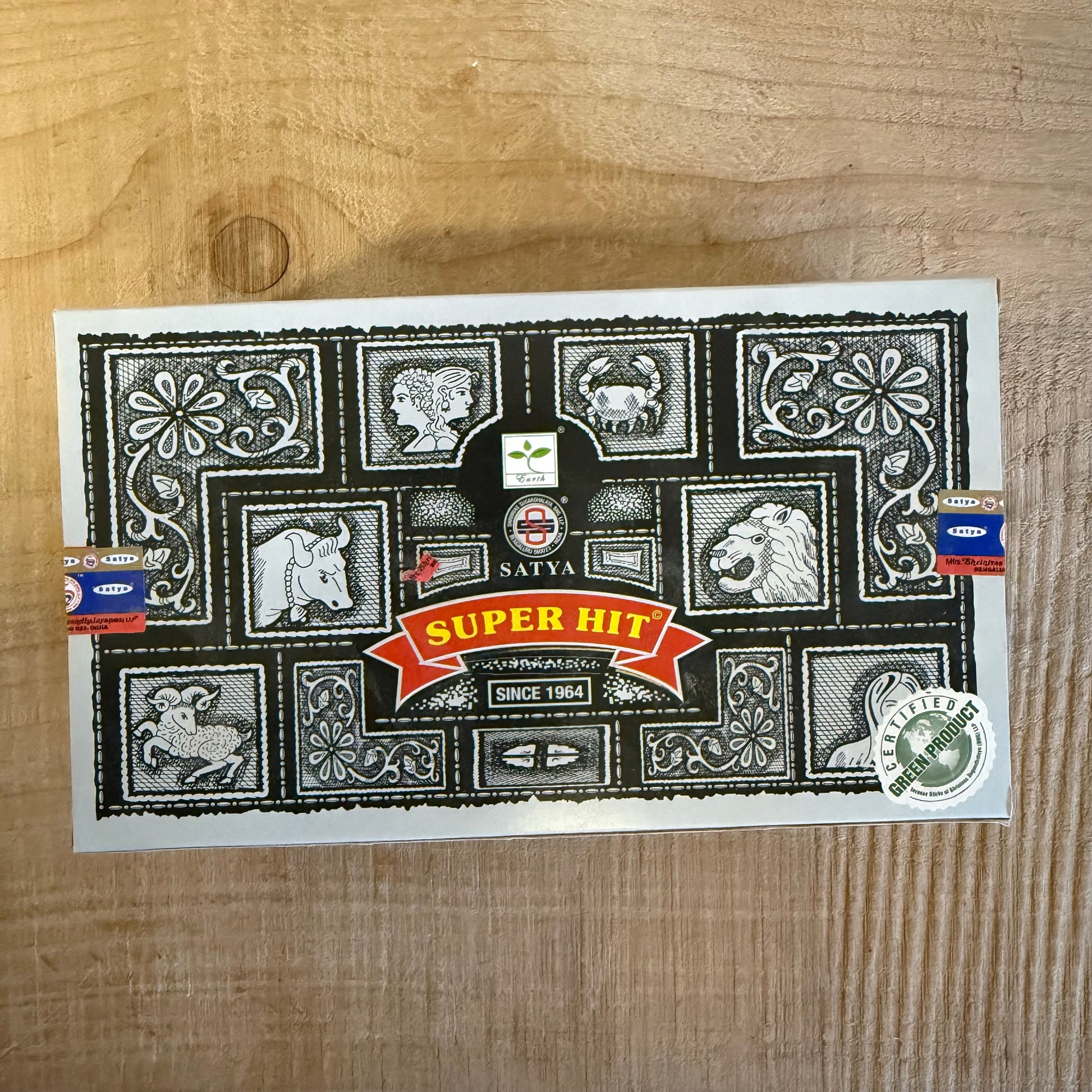 Satya Super Hit incense sticks 15g. Authentic hand-rolled Indian masala incense with a calming, balanced aroma for meditation and ritual use.